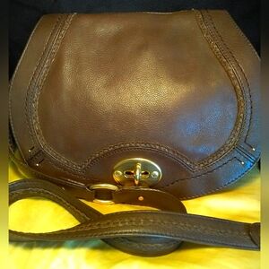 DARK BROWN LEATHER SIGRED OLSEN SHOULDER BAG GOLD DETAIL Crescent Shape